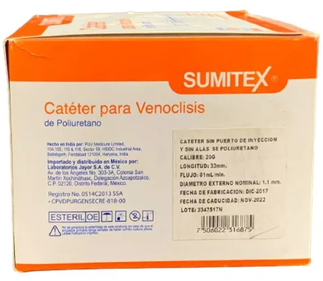 [7506022316721] CATETER PARA VENOCLISIS AMARILLO CAJA CON 50 PIEZAS 24G/19MM JAYOR