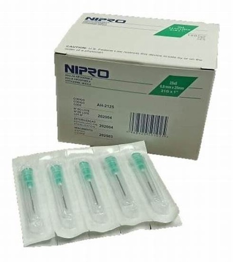 [4968420504651] AGUJA HIPODERMICA (Nipro) 21Gx1-1/4"(32mm) Cja. c/100 Pzs. Aguja hipodérmica 21x32 [Normal, Color verde] NA