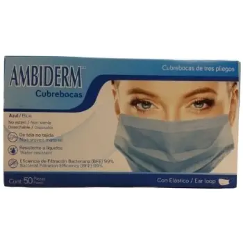[7502224242431] CUBREBOCAS ADULTO DCHBLE. 3 PLIEGUES Col. Azul (Ambiderm) Cja. c/50 Pzs. NA