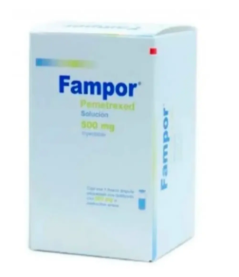 [010.000.5453.00] Fampor Pemetrexed Solución Inyectable Cada frasco ámpula con liofilizado contiene: Pemetrexed disódico heptahidratado o Pemetrexed disódico equivalente a 500 mg de pemetrexed Envase con frasco ámpula.