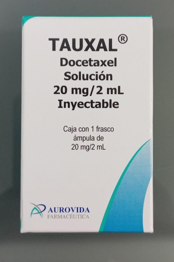 [7506331303085] Tauxal Docetaxel Solución inyectableCada frasco ámpula contiene: Docetaxel anhidro o trihidratado equivalente a 20 mg de docetaxel. Envase con frasco ámpula con 20 mg con 2 ml.
