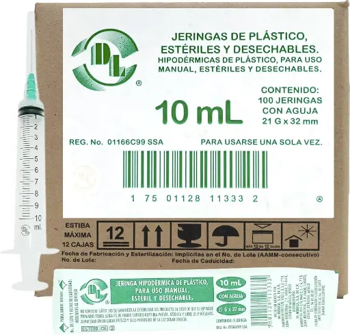 [17501128113332] JERINGA 10 mL. (DL) c/AGUJA 21Gx32mm. c/100 Pzs. Jeringa 10mL con aguja 21x32 (Long. normal, Color verde) 
