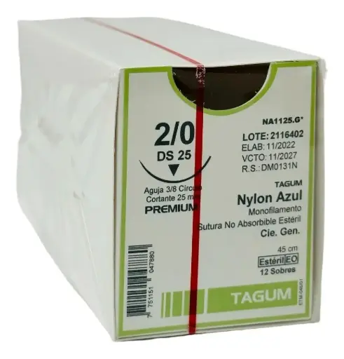 [7751151047880] NYLON 2-0 HEBRA 45 CM, AGUJA DE 3/8 REVERSO CORTANTE 25 MM NEGRA. CAJA CON12 HEBRAS