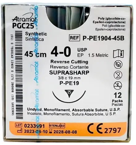 [P-PE1904-45B] SUTURA QUIRURGICA DE PGC25 POLIGLECAPRONE-25 AG TIPO REVERSO CORTANTE SUPRA-SHARP USO PLASTICA DIAMETRO 4/0 USP DE 45 CM DE HILO Y AG DE 3/8 CIRCULO LARGO 19 MM TIPO P-PE-19 ATRAMAT P-PE1146-N