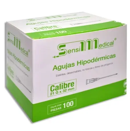[7506022304131] AGUJA HIPODÉRMICA (SENSIMEDICAL) 21G X 1-1/4'' (32 MM) CAJA CON 100 PZS. 
